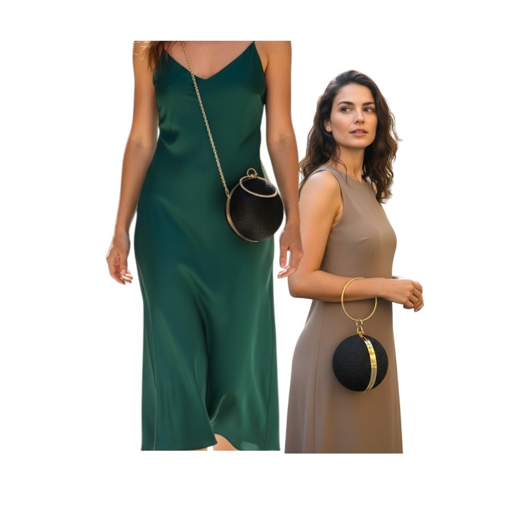 Round Sphere Evening Clutch Bag Black Glitter‎ Gold Handle Chain Evening Bag